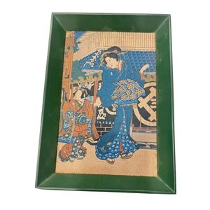 Mitsukoshi 300 Anniversary Japanese Tray Ukiyo-e Silk Inlay Green 9.5in preloved